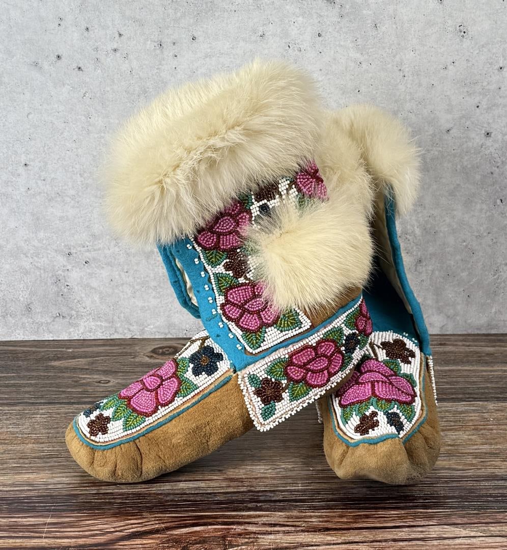 Alaska Inuit Eskimo Beaded Dance Mukluks: 9 1/8" long by 4 1/4" wide.