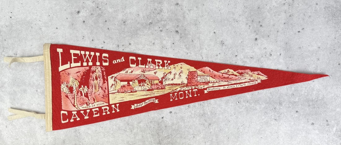 Lewis and Clark Cavern Montana Felt Pennant: 30" long with ties.