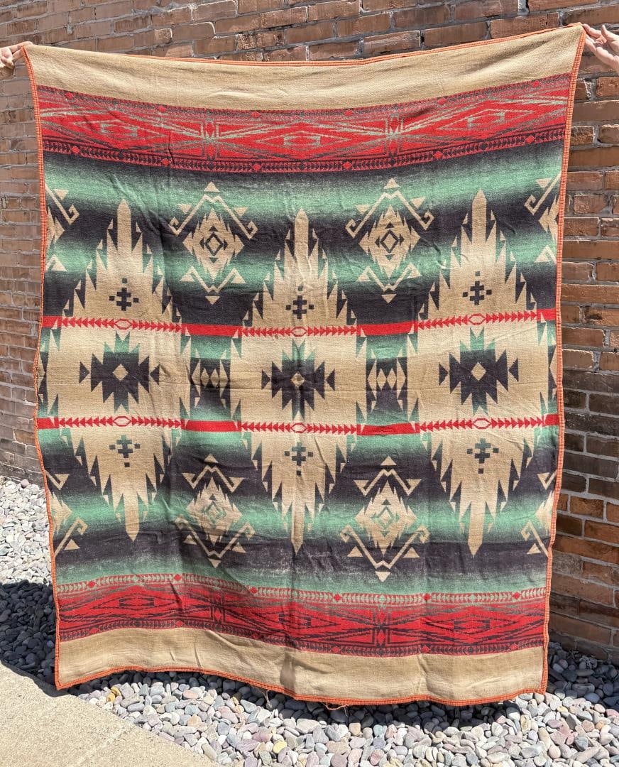 Antique Native American Pattern Wool Camp Blanket: 64" by 80"