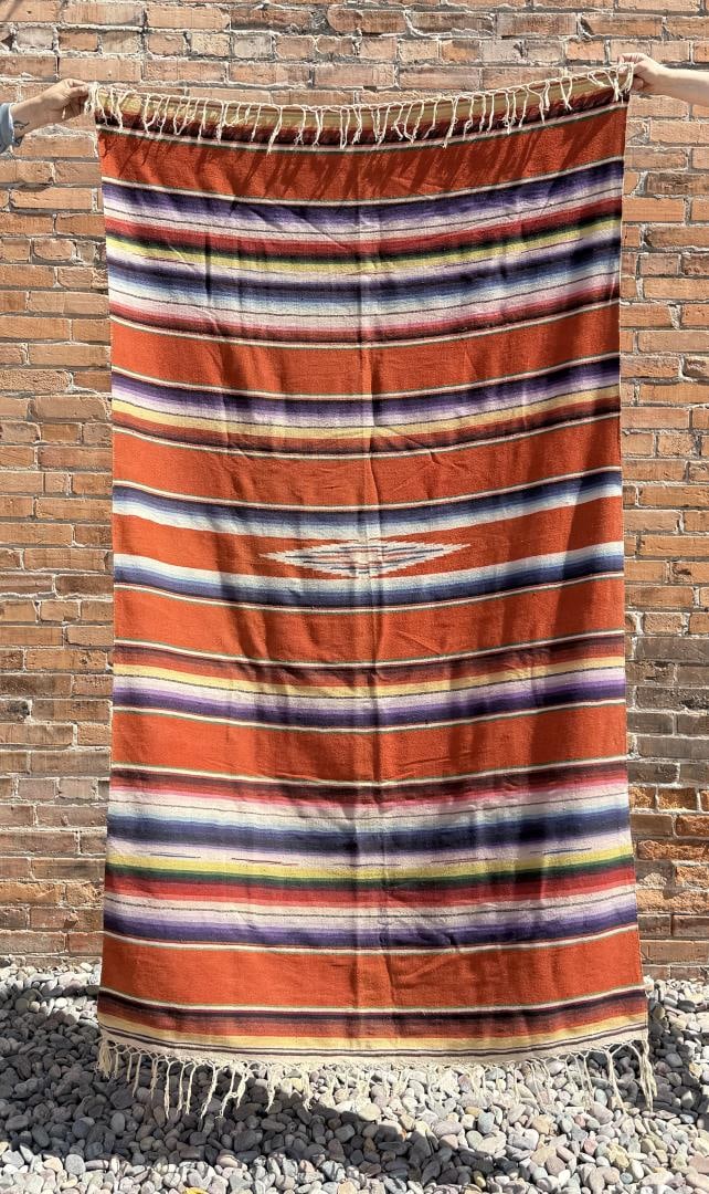 Antique Mexican Wool Serape Saltillo Blanket: 46" by 87" with fringe.