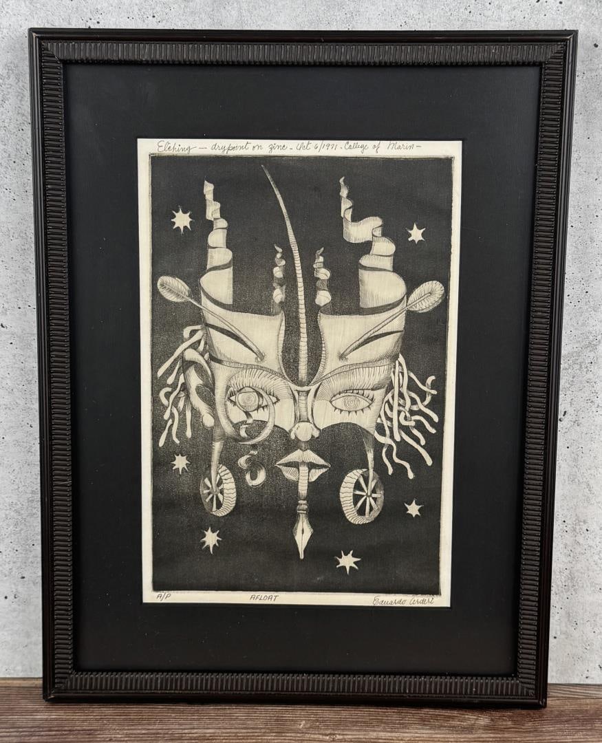 Eduardo Arderi Afloat Drypoint Etching: 13 1/4" by 10 1/4" framed. Eduardo Arderi was a psychedelic artist noted for his black light posters and head shop art in the 1960s and 1970s.