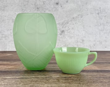 Green Satin Glass Vase Jadeite Cup