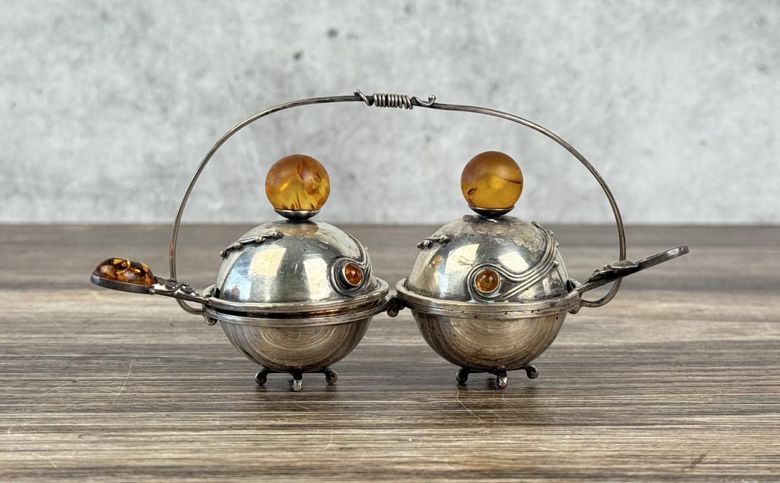 Sterling Silver Amber Caviar Menage Server: 4 5/8" wide by 3". Small spoon missing amber inlay. 131 grams.