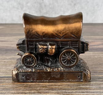 Banthrico Chicago Covered Wagon Coin Bank: 4 5/8" long by 3 7/8" wide by 2 5/8" tall.