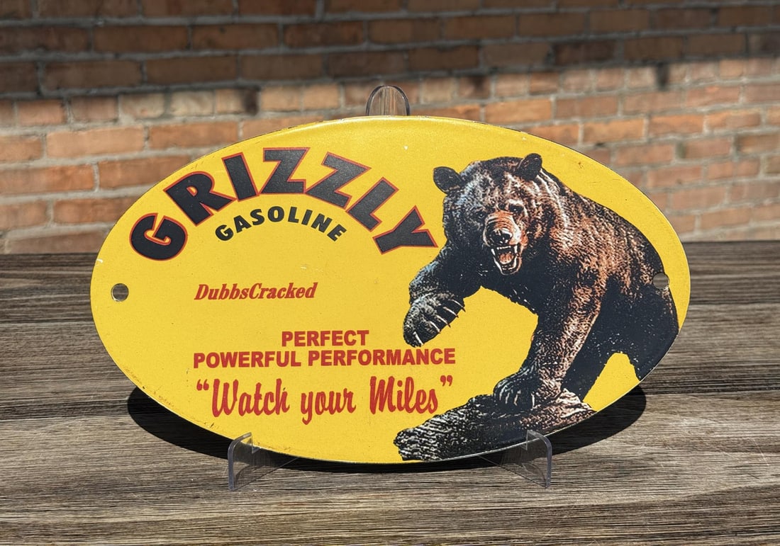 Grizzly Gasoline Montana Porcelain Sign: Contemporary. 12" wide by 7" tall.
