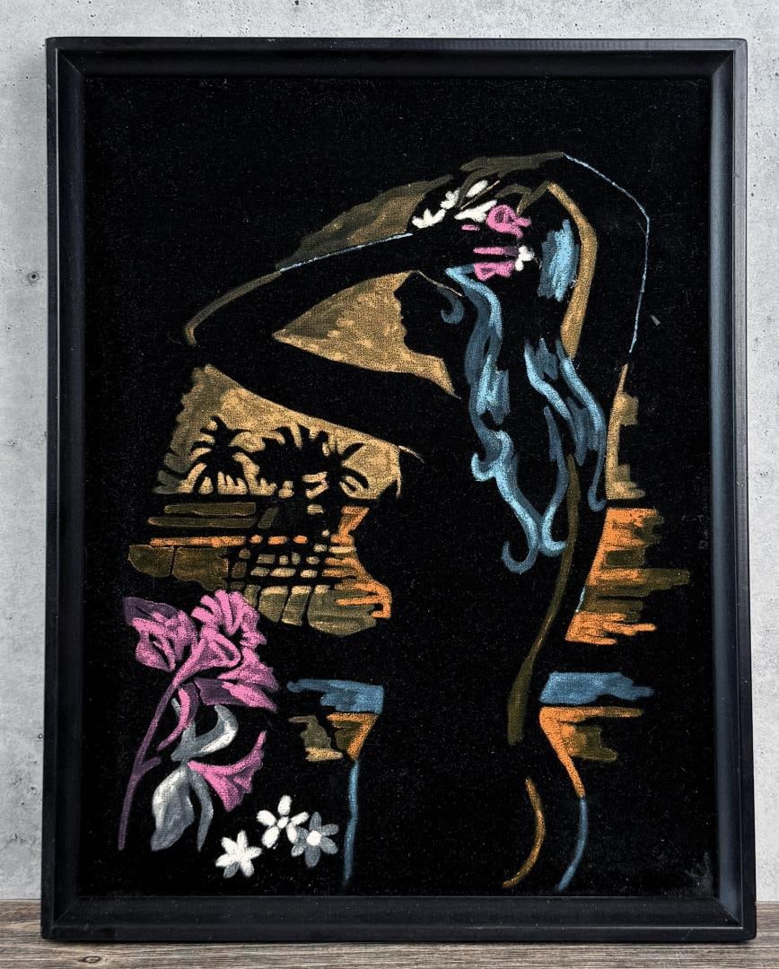 Mid Century Velvet Nude Hawaiian Girl Painting: 19" by 14 7/8" framed. 17 3/4" by 13 1/2" unframed.