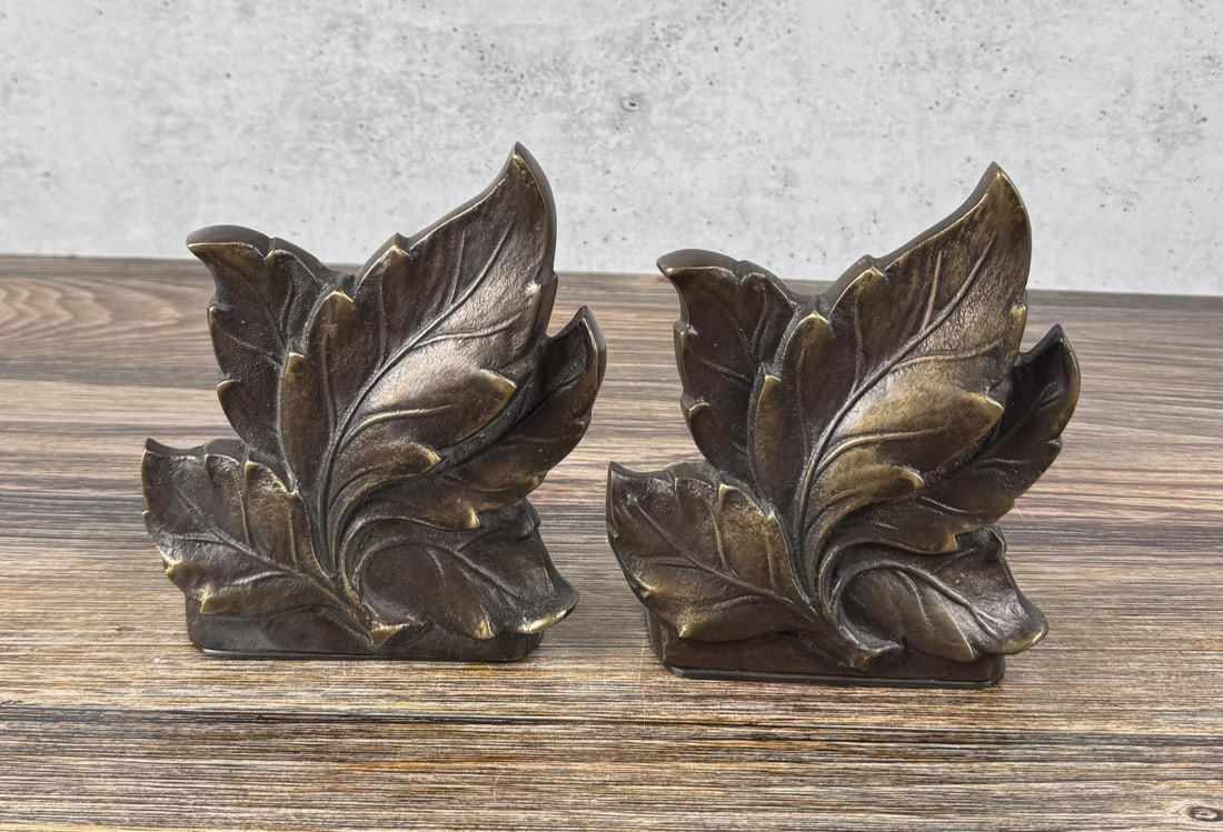 Brass Leaf Bookends: 6 5/8" by 5 7/8" by 3"