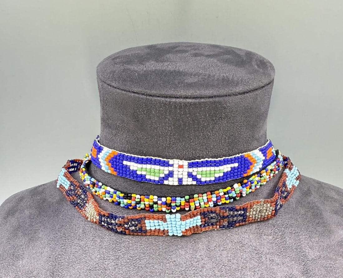 Native American Indian Beaded Choker Necklaces: Group of three, 9" hanging.