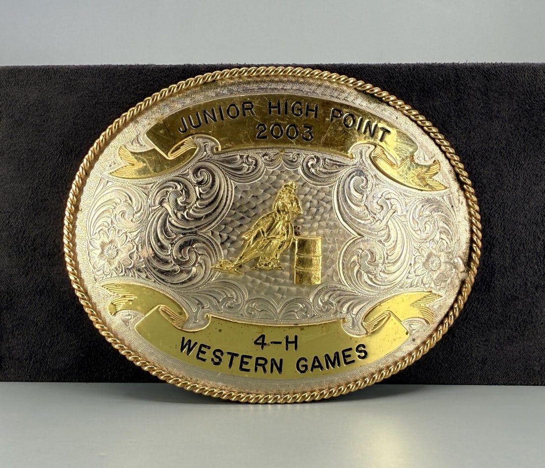 Montana Silversmiths Barrel Racing Belt Buckle: Cowgirl 4-H Western Games. 5" wide.