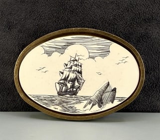 Solid Brass Whaling Scrimshaw Belt Buckle