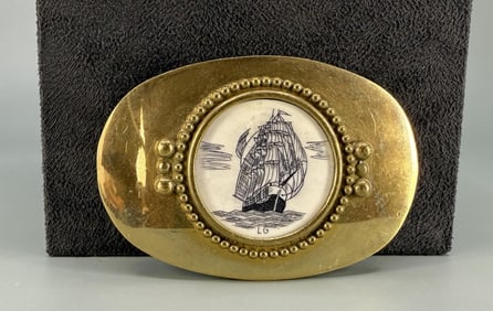 Brass Belt Buckle Scrimshaw Ship