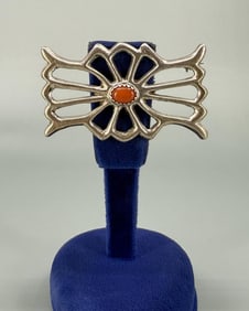 Navajo Tufa Cast Sterling Silver Coral Brooch