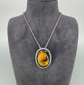 Sterling Intaglio Carved Amber Cameo Necklace