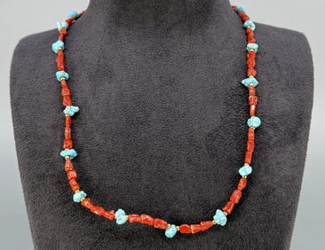 Navajo Sterling Turquoise Coral Necklace