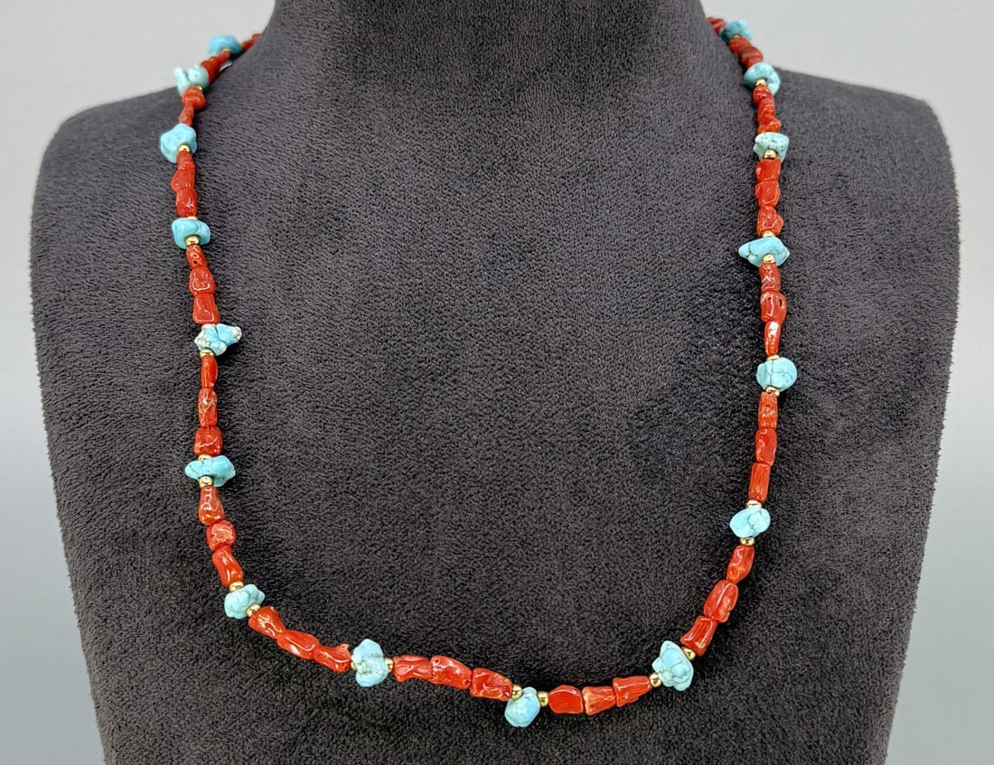 Navajo Sterling Turquoise Coral Necklace: 8 7/8" long closed.