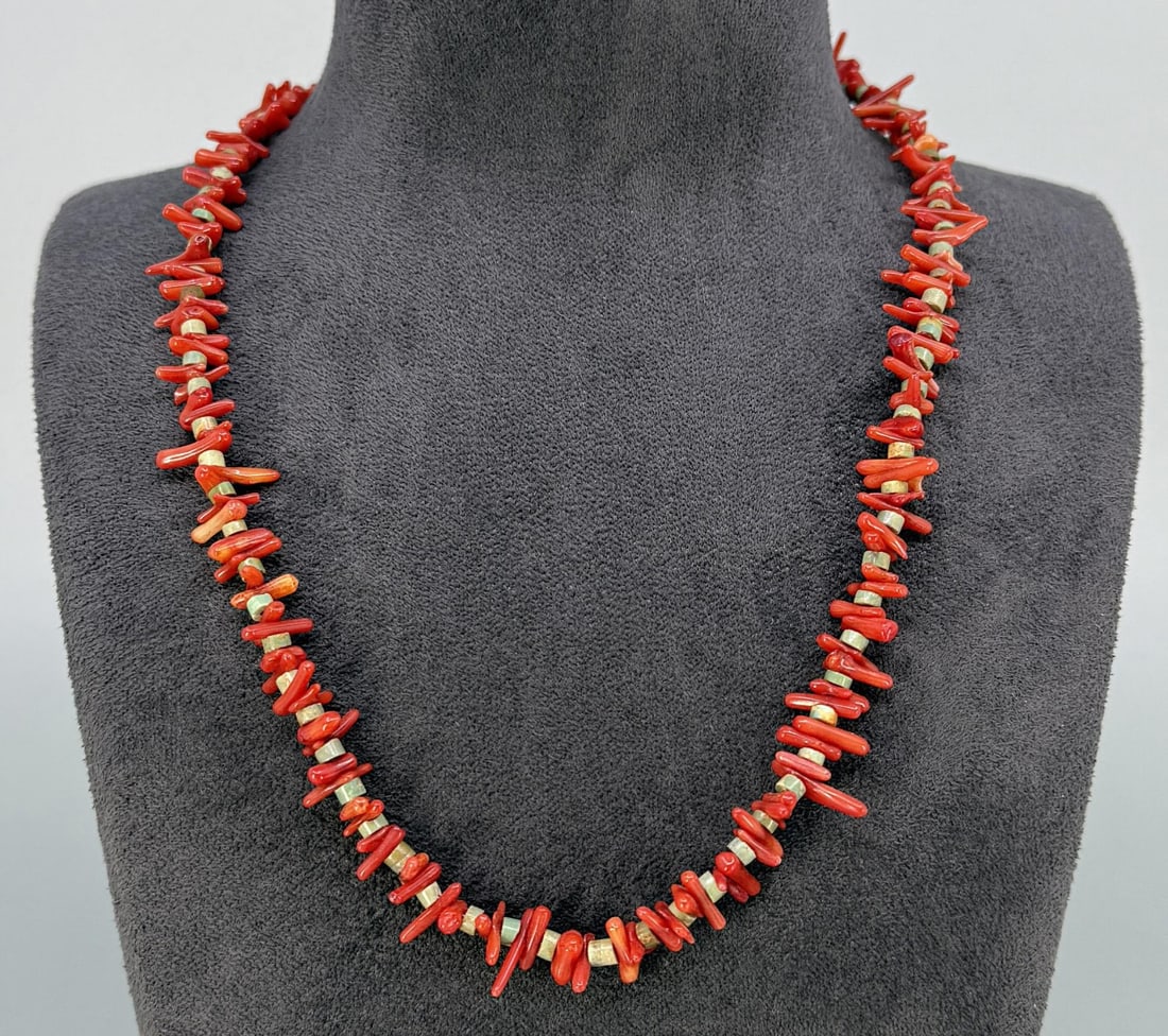 Santo Domingo Branch Coral Turquoise Necklace: 8 5/8" long closed.