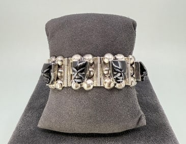 Taxco Mexico Sterling Silver Onyx Aztec Bracelet