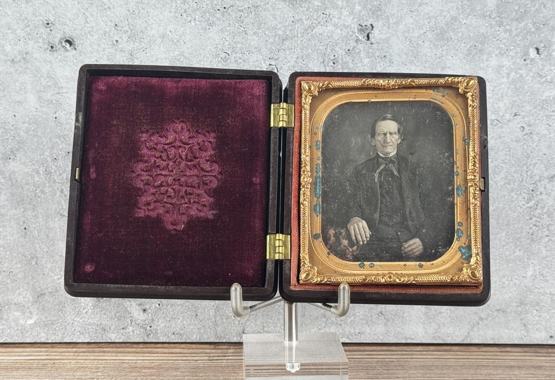 Identified Antique Daguerreotype Photo: Marked Hugh Meredith inside the case. 3 3/4" by 3 3/8" in case. Meredith resided in Buckingham, Pennsylvania at the time of his death in 1869 aged 88 years. Cupid and Stag Case.