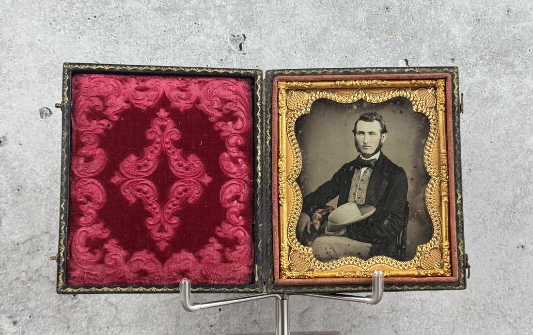 Antique Daguerreotype Photo Cowboy Hat: 3 1/4" by 3 3/4" cased.