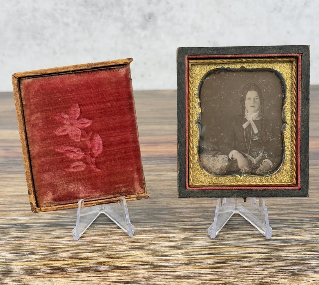 Antique Daguerreotype Photo Woman In Mourning: Young woman in black dress with fancy neck ribbon. 3 7/8" by 3 1/4" in case