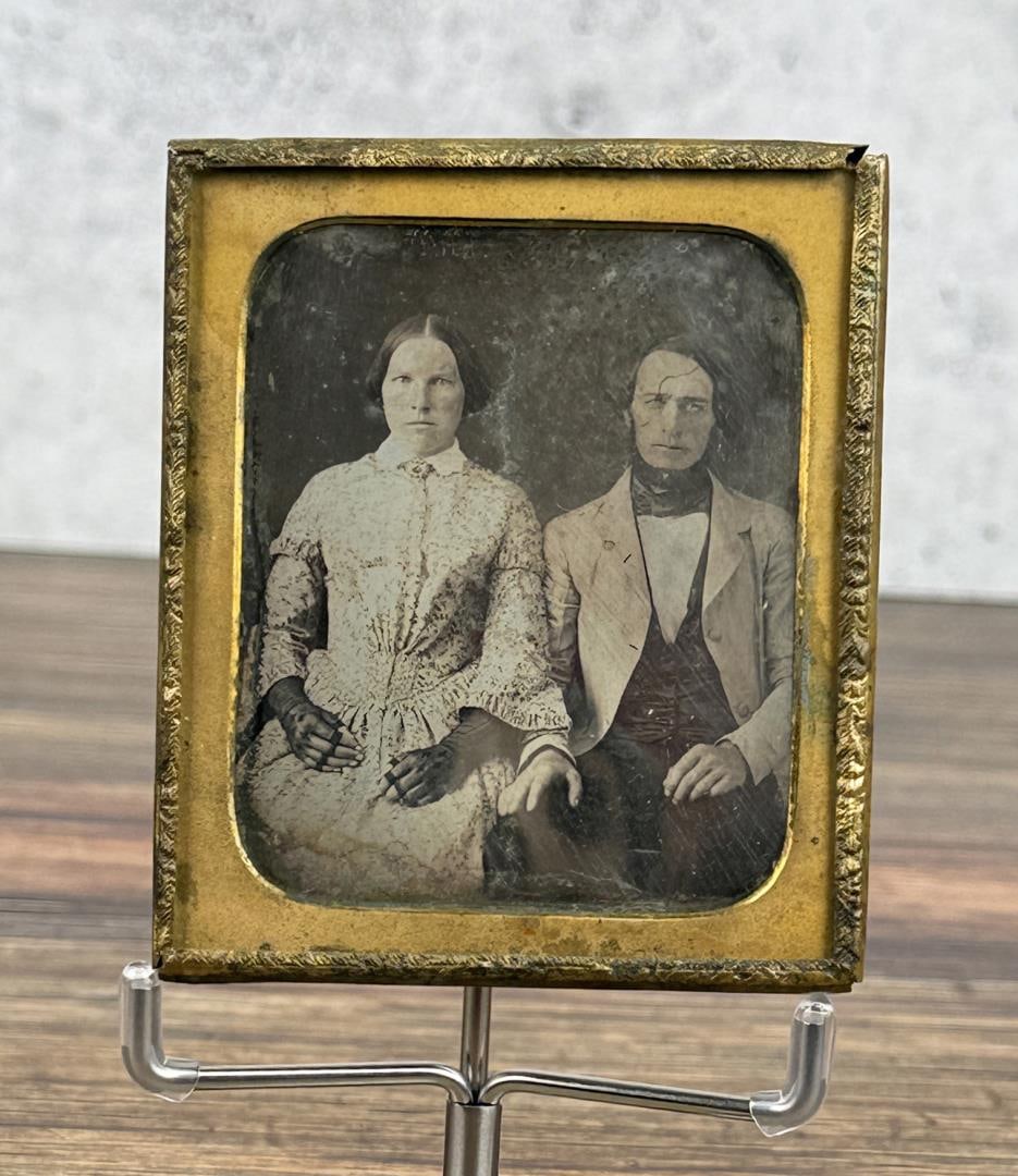 Antique Daguerreotype Photo Happily Married Couple: 3 3/8" by 2 7/8. Frame is falling apart.