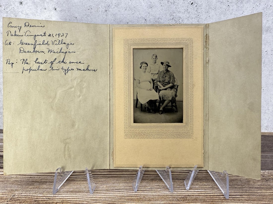 The Edison Institute Tintype Photo: 4" by 5 7/8" on backing. Subject identified as Emery Devine.
