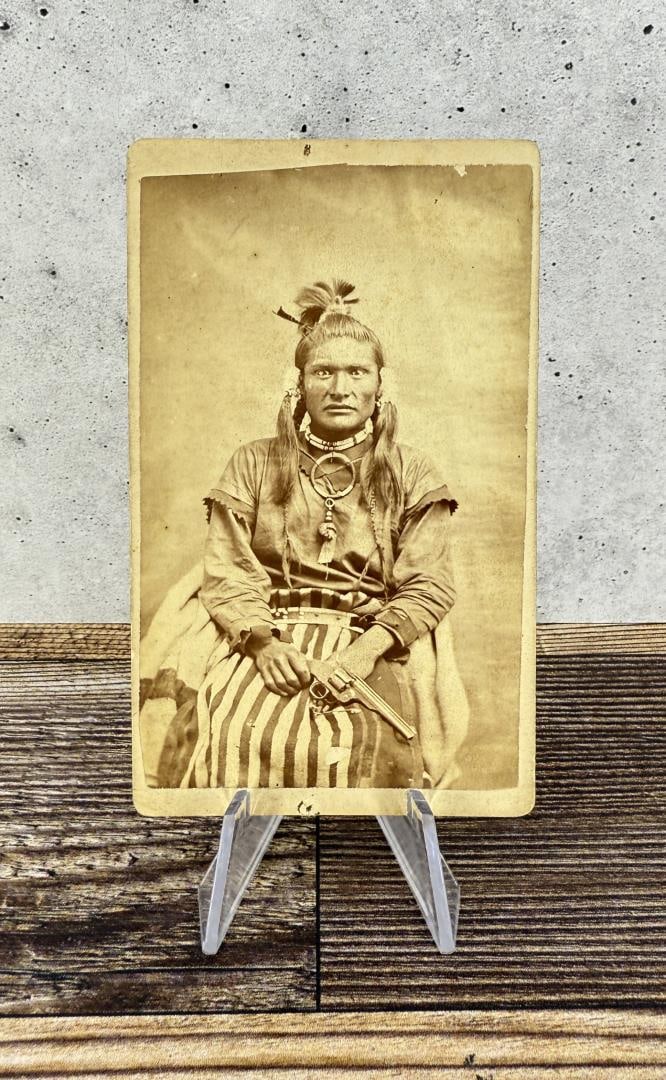 Plains Indian Holding Schofield Revolver CDV Photo: 2 1/2" by 4 1/8"