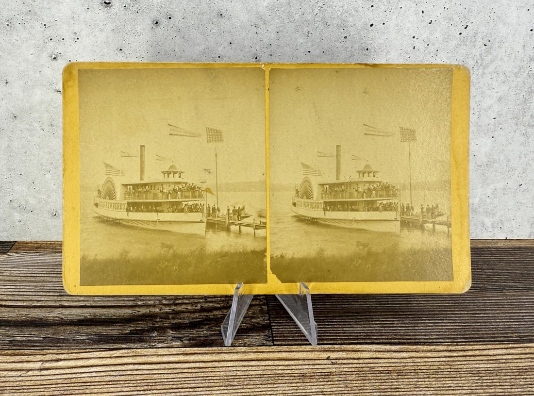 Lucius Newberry Geneva Lake Wisconsin Stereoview: J. Bullock Photographer. The Lucius Newberry was Lake Geneva's more exquisite sidewheelers "complete with a luxurious decor that included crystal, brass and polished fixtures, and even oil paintings."