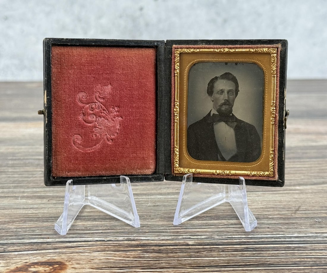 Antique Ambrotype Photo Fancy Bowtie Identified: 2 1/2" by 2 7/8" cased.