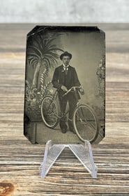Antique Tintype Photo Man Wood Rim Bicycle