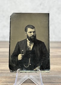 Antique Tintype Photo Bearded Man with Cane