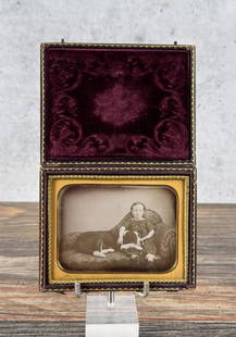 Antique Daguerreotype Photo Of Girl & Dog: Features a young girl seated on a couch with her dog's head in her lap. Quarter plate size. 4 3/4" by 3 7/8" in case.