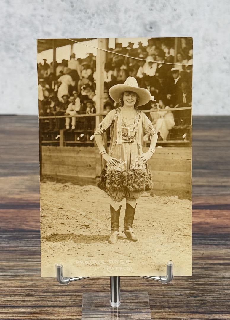 Prairie Rose Henderson Cowgirl RPPC Postcard: Prairie Rose Henderson (late 1870s or early 1880s ? 1932), was considered the first female to do bronc riding and recognized as one of the first female professional athletes. In 2008, she was inducted