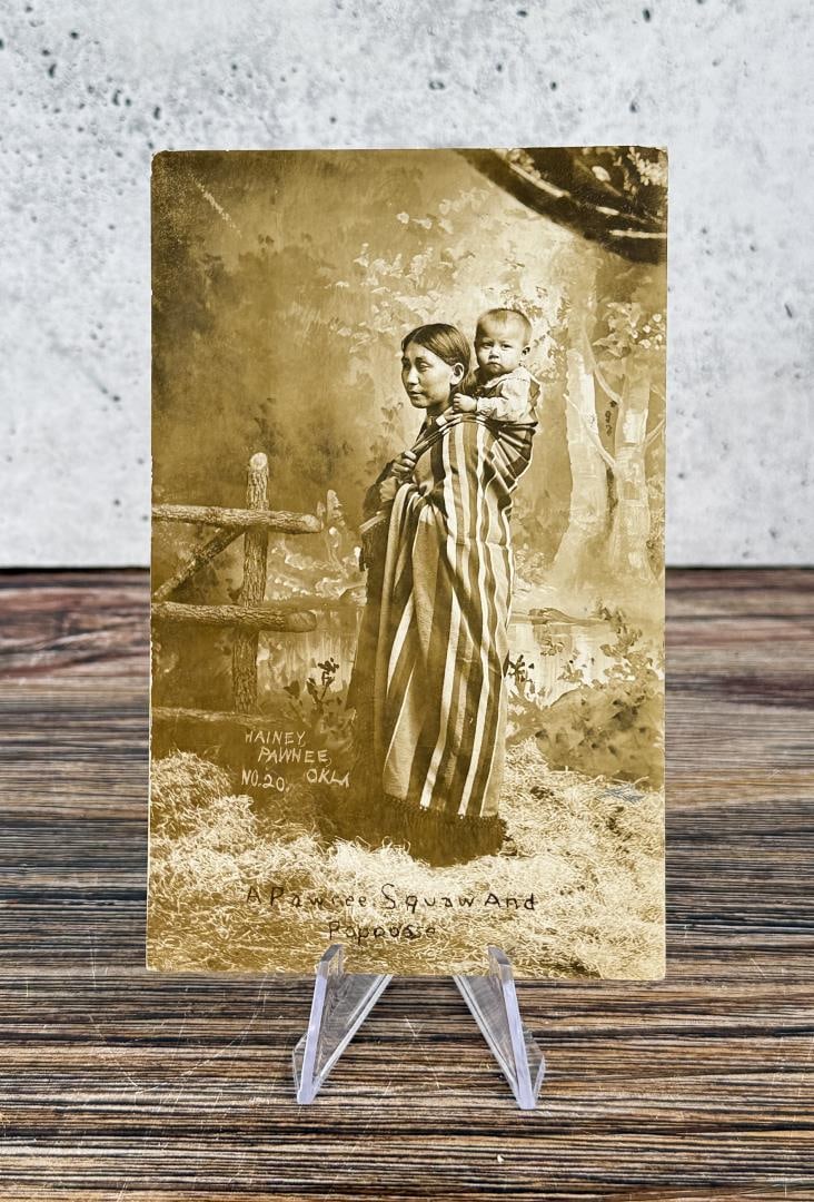 Pawnee Squaw and Papoose Indian RPPC Postcard: Real Photo Postcard. Hainey Pawnee Oklahoma.