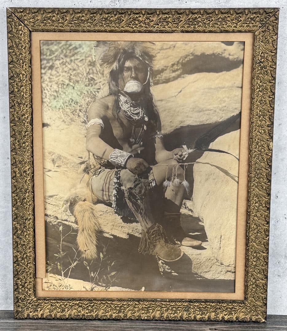 Carl Moon Koy-yahwa'mah Hopi Snake Priest Photo: Hand Tinted Photo. Taken at Walpi Pueblo. 14 1/2" by 18 1/2" unframed. 19" by 23" framed. Carl (Karl) Everton Moon (1879 - 1948) was active/lived in California, Arizona, Ohio. Carl Moon is known for P