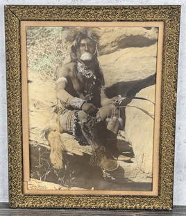 Carl Moon Koy-yahwa'mah Hopi Snake Priest Photo: Hand Tinted Photo. Taken at Walpi Pueblo. 14 1/2" by 18 1/2" unframed. 19" by 23" framed. Carl (Karl) Everton Moon (1879 - 1948) was active/lived in California, Arizona, Ohio. Carl Moon is known for P
