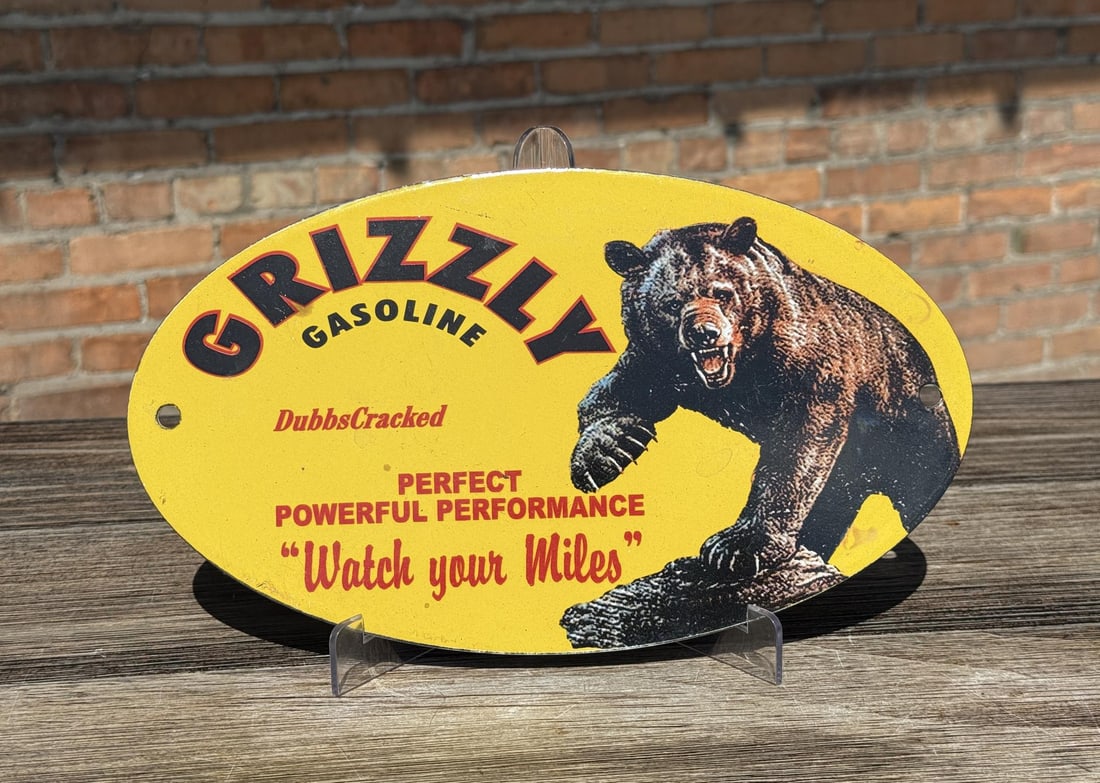 Grizzly Gasoline Montana Porcelain Sign: Contemporary Manufacture. 7" by 12"