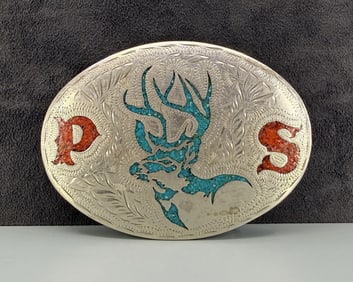 Inlaid Engraved Mule Deer Belt Buckle