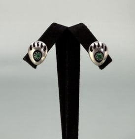 Navajo Sterling Silver Malachite Bear Paw Earrings