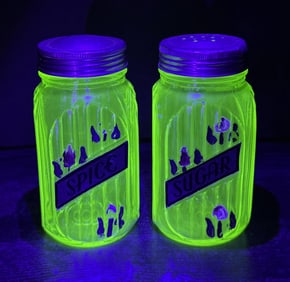 Uranium Depression Glass Sugar and Spice Jars