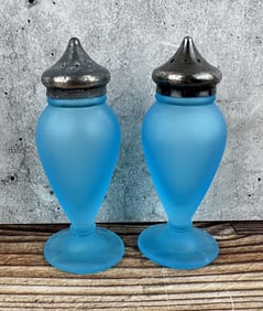 Tiffin Blue Satin Glass Salt & Pepper Shakers