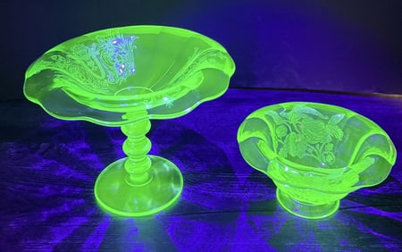 Paden City Uranium Glass Compote and Bowl