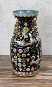 Large Chinese Famille Noir Black Cloisonne Vase