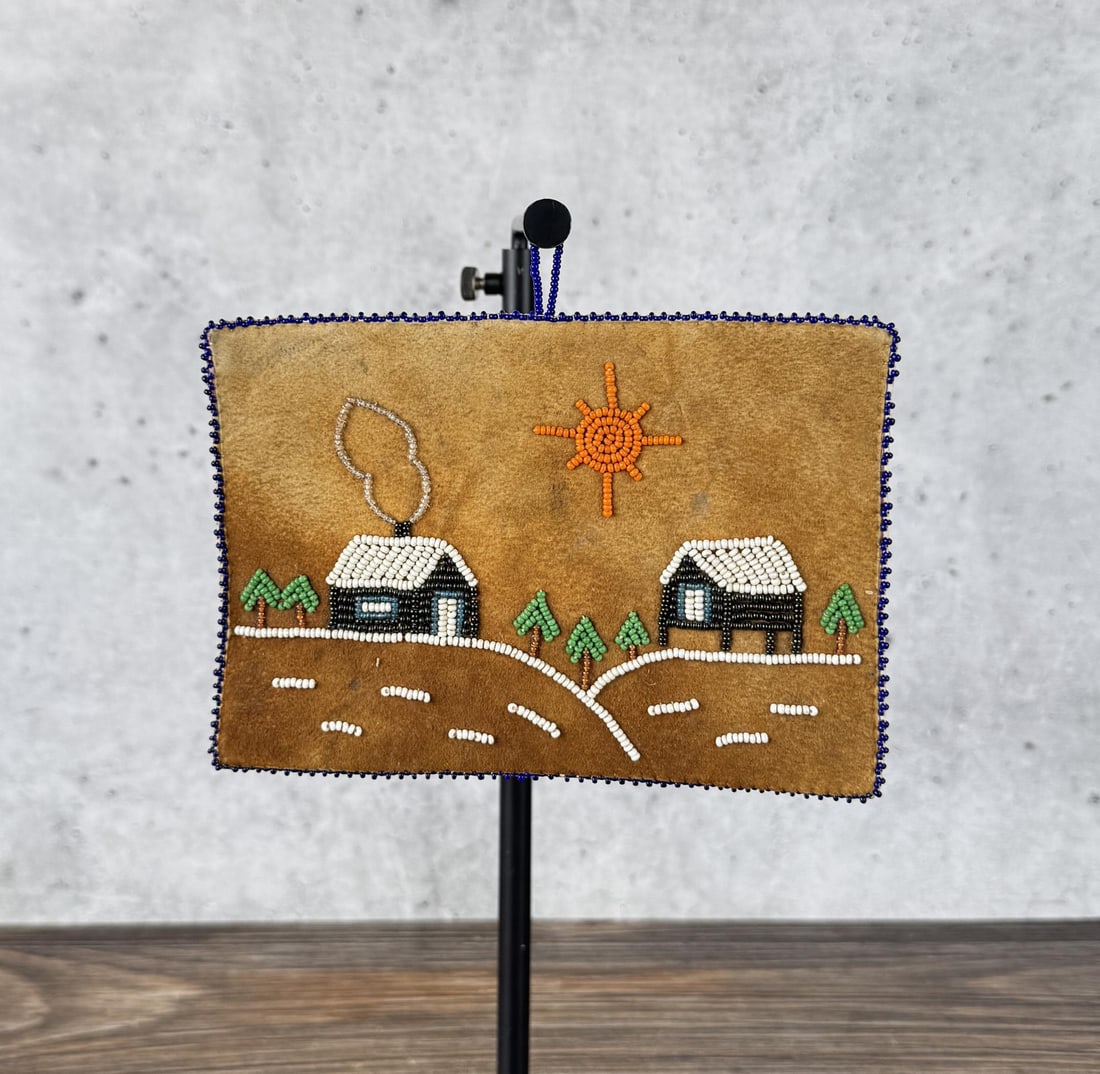 Alaskan Inuit Eskimo Beaded Leather Plaque: 5" by 7"