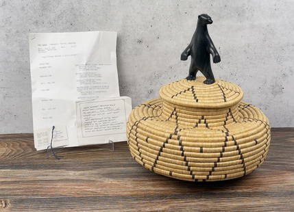 Annie Uttuqi Cookie Paul Kavik Inuit Basket: 13 1/2" tall, 12 1/4" diameter. Paul Kavik (Born 1948) is active/lives in Canada. Paul Kavik is known for Contemporary Inuit sculpture.