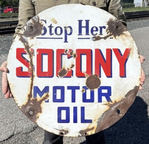 Stop Here Socony Motor Oil Porcelain Sign