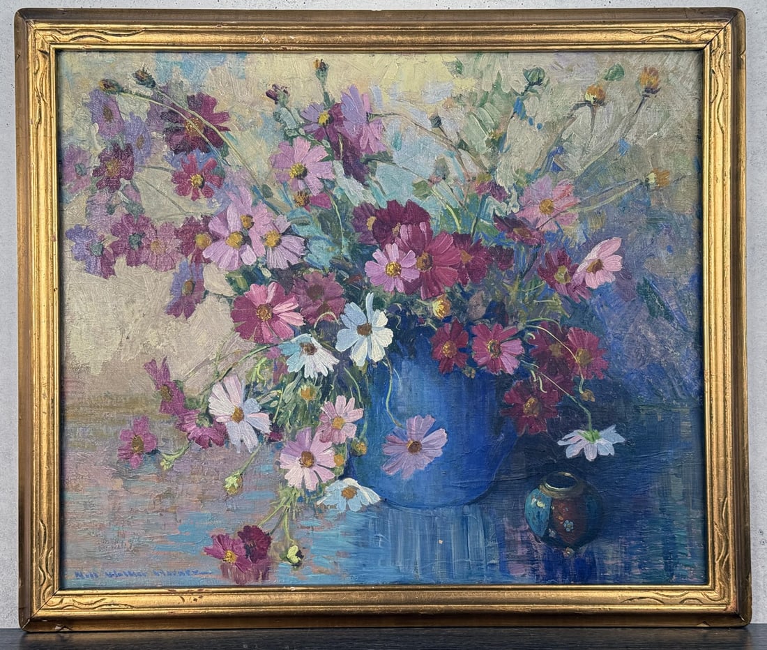 Nell Walker Warner Flowers Still Life Painting: Title is Purple Cosmos. 20" by 24" unframed. 23" by 27" framed. Oil on Canvas. From the Private Collection of James H and Pauline Harken. Inventory #857 Nell Walker (Shostrom) Warner (1891 - 1970) was