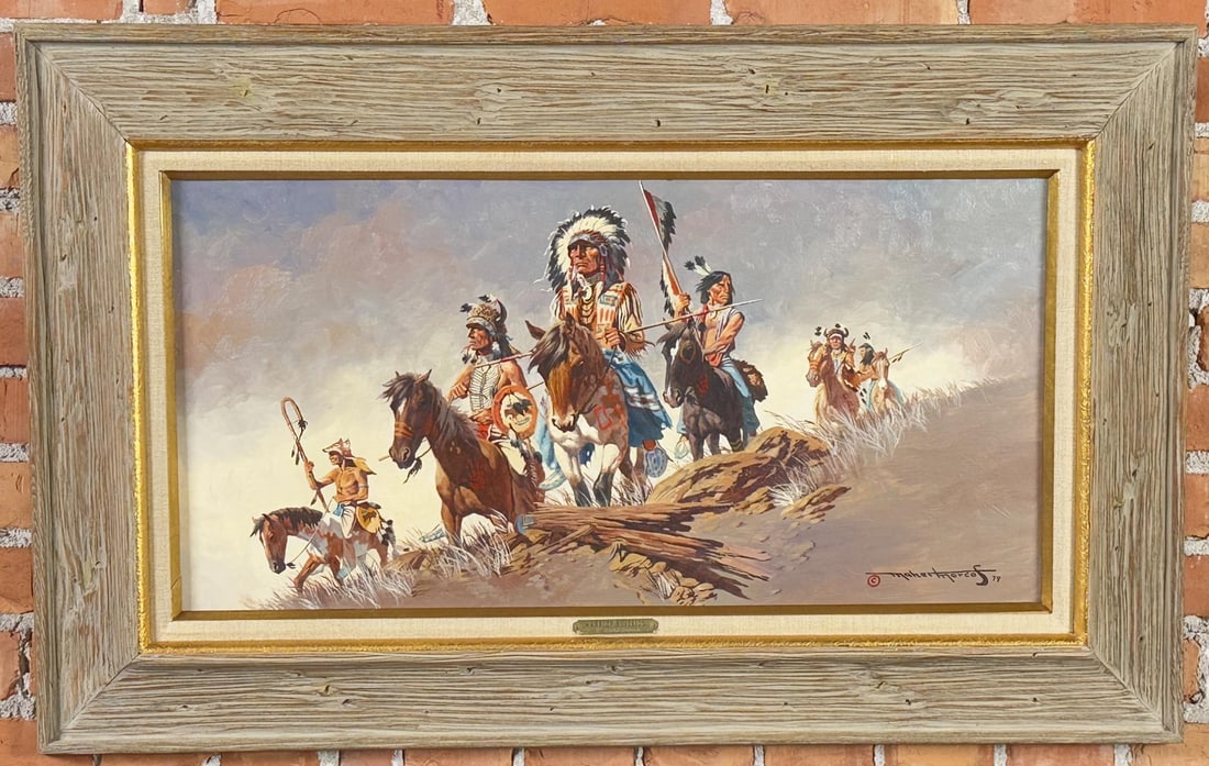 Maher Naguib Morcos Warriors Vision Painting: Title is Warriors Vision. 15" by 30" unframed. 25" by 40" framed. Oil on Canvas. From the Private Collection of James H and Pauline Harken. Inventory #482 Maher Naguib Morcos (Born 1946) is active/liv