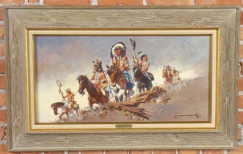 Maher Naguib Morcos Warriors Vision Painting: Title is Warriors Vision. 15" by 30" unframed. 25" by 40" framed. Oil on Canvas. From the Private Collection of James H and Pauline Harken. Inventory #482 Maher Naguib Morcos (Born 1946) is active/liv