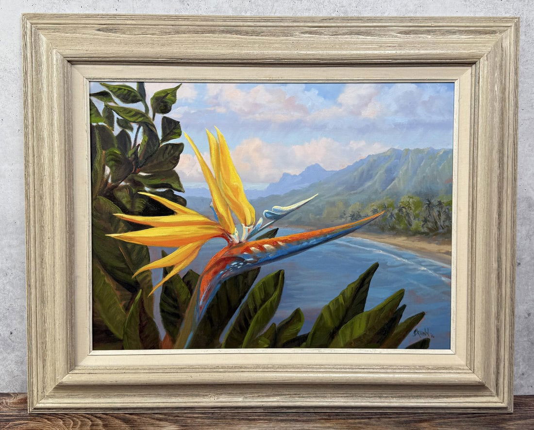 Don Brown Bird of Paradise Painting: Title is Bird of Paradise. 18" by 24" unframed. 26" by 32" framed. Oil on Canvas. From the Private Collection of James H and Pauline Harken. Inventory #78 Don Brown (20th/21st Century) is active/lives